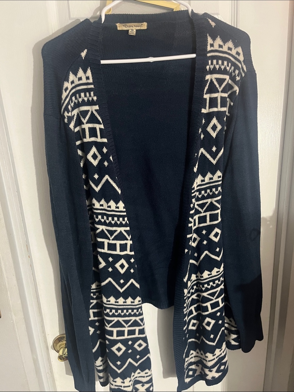 Extra Touch Navy Open-Front Aztec-Pattern Cardigan with Cream Accents